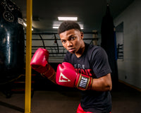variant:red/white::TITLE Boxeo Mexican Leather Bag Gloves Quatro boxing stance 
