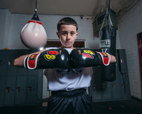 variant:Black/White/Red::BOOM BOOM Boxing Silencer Youth Bag Gloves hands together