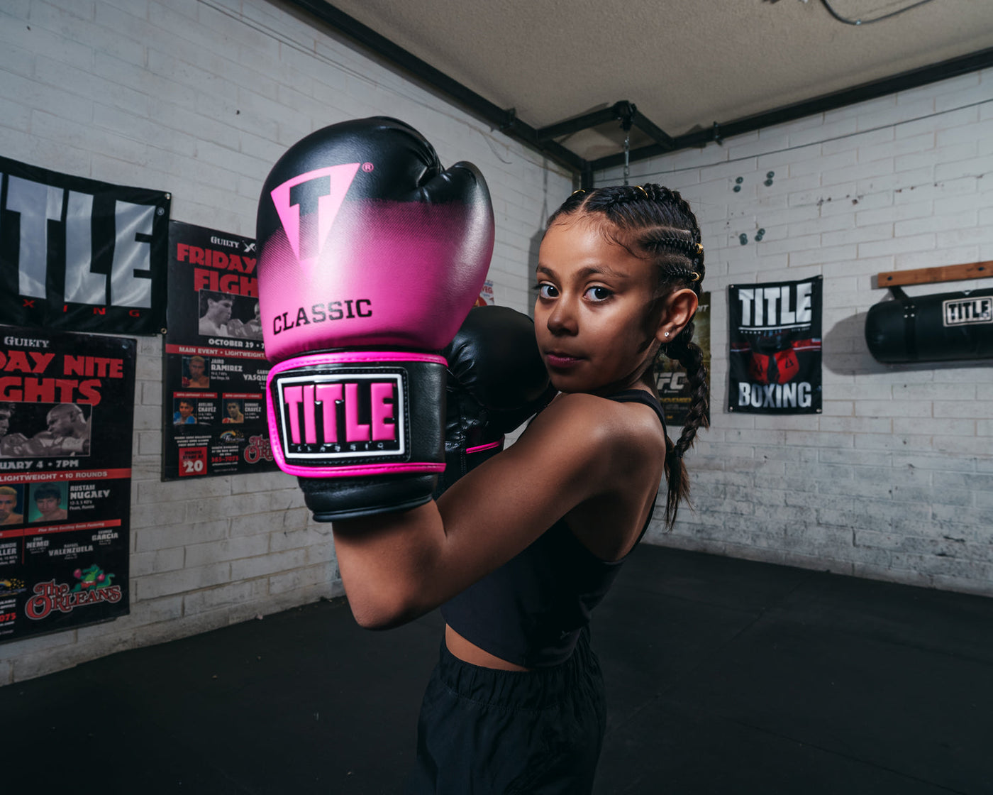 variant:Black/Pink::TITLE Classic Crusade Boxing Gloves boxing stance