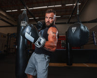 variant:black/grey/white::Fighitng Big Logo Boxing Gloves guy showing off left jab