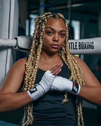 variant:White::Fighting Semi-Elastic 180" Hand Wraps girl hands together