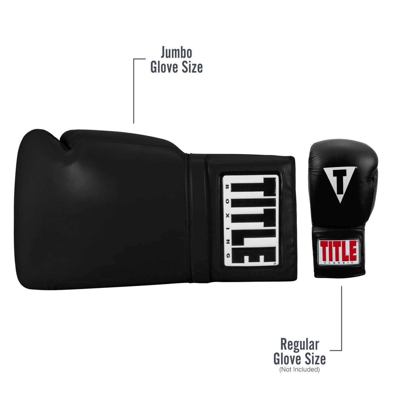 variant:black::TITLE Boxing Jumbo Boxing Gloves 2.0 image showing regular glove size versus jumbo glove size