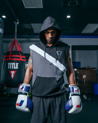 variant:black/grey::TITLE Boxing Split Combat Sleeveless Hoodie guy hood up  hands down