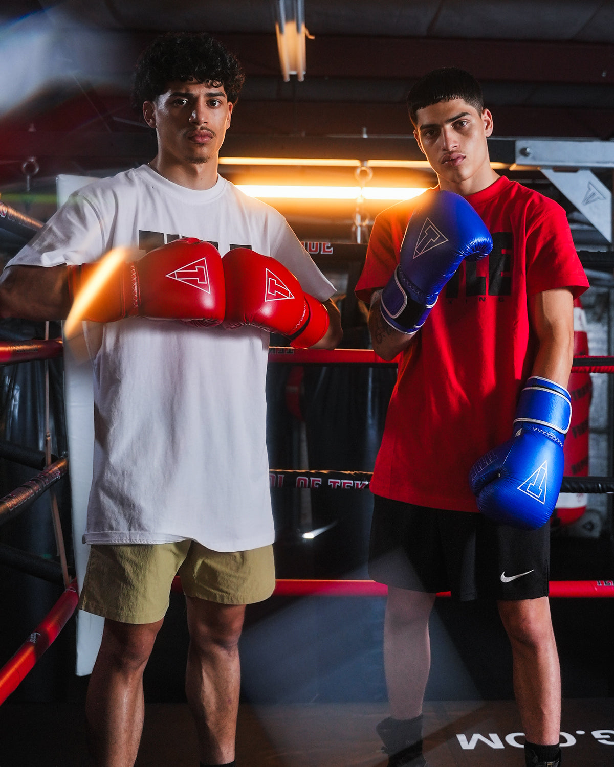 variant:blue/silver::TITLE Boxing Momentum Pro Training Gloves on boxers hands next to other boxer in ring