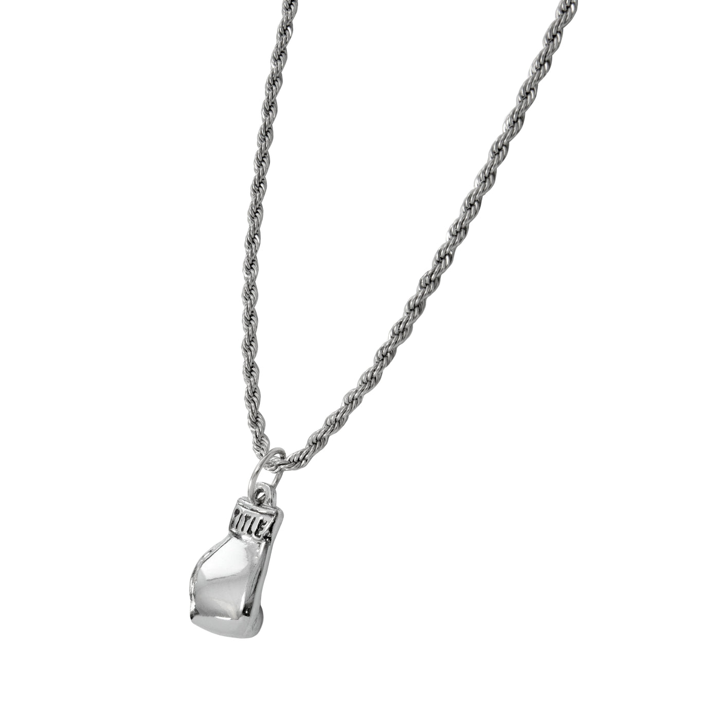 variant:silver::TITLE Boxing Single Glove Necklace close view angle view