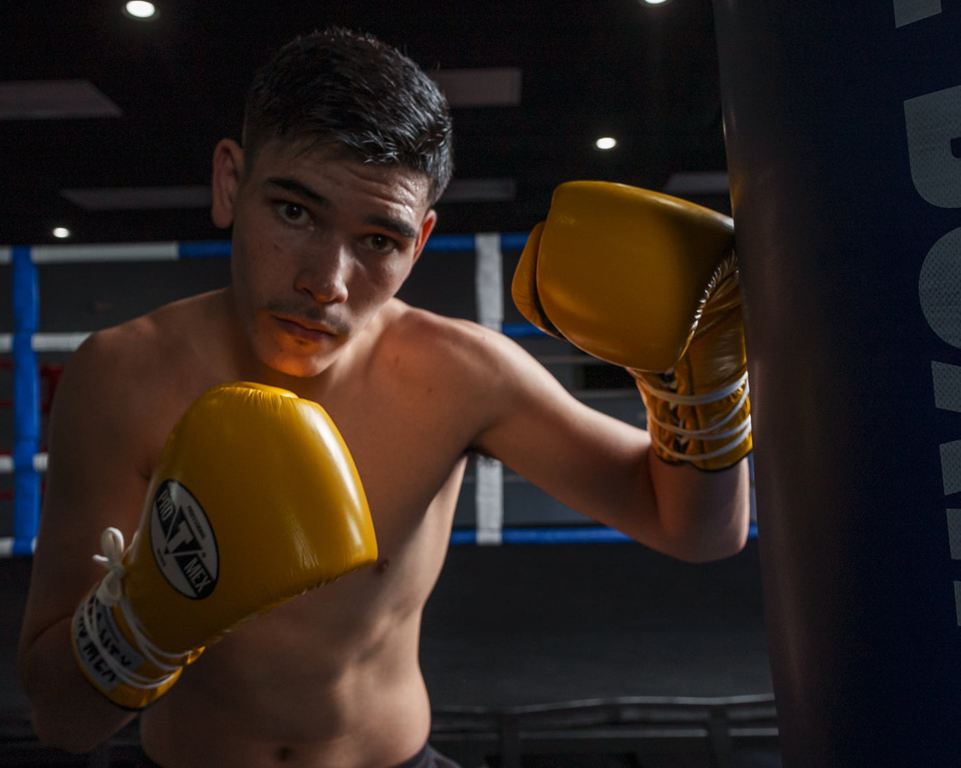 variant:Yellow/Black::Pro Mex Professional Lace Sparring Gloves V3.0 kid posing left hand on bag