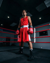 variant:red/white::TITLE Boxing Aerovent Elite Amateur Boxing Set Original 2.0 guy looking down camera taking up picture at him