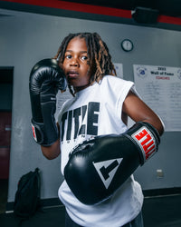 variant:White::TITLE Boxing Iconic Block Muscle Tee kid boxing stance in tee