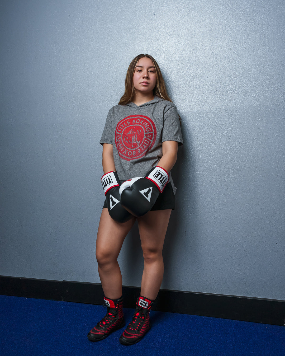 variant:Grey::TITLE Boxing Women's Vintage Short Sleeve Hooded Tee