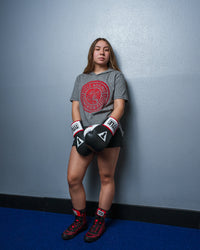 variant:Grey::TITLE Boxing Women's Vintage Short Sleeve Hooded Tee