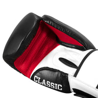 variant:Black/White/Red::close up view of black boxing bag glove
