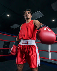 variant:red/white::TITLE Boxing Professional Traditional Cut Trunks  guy all red boxing left hand out