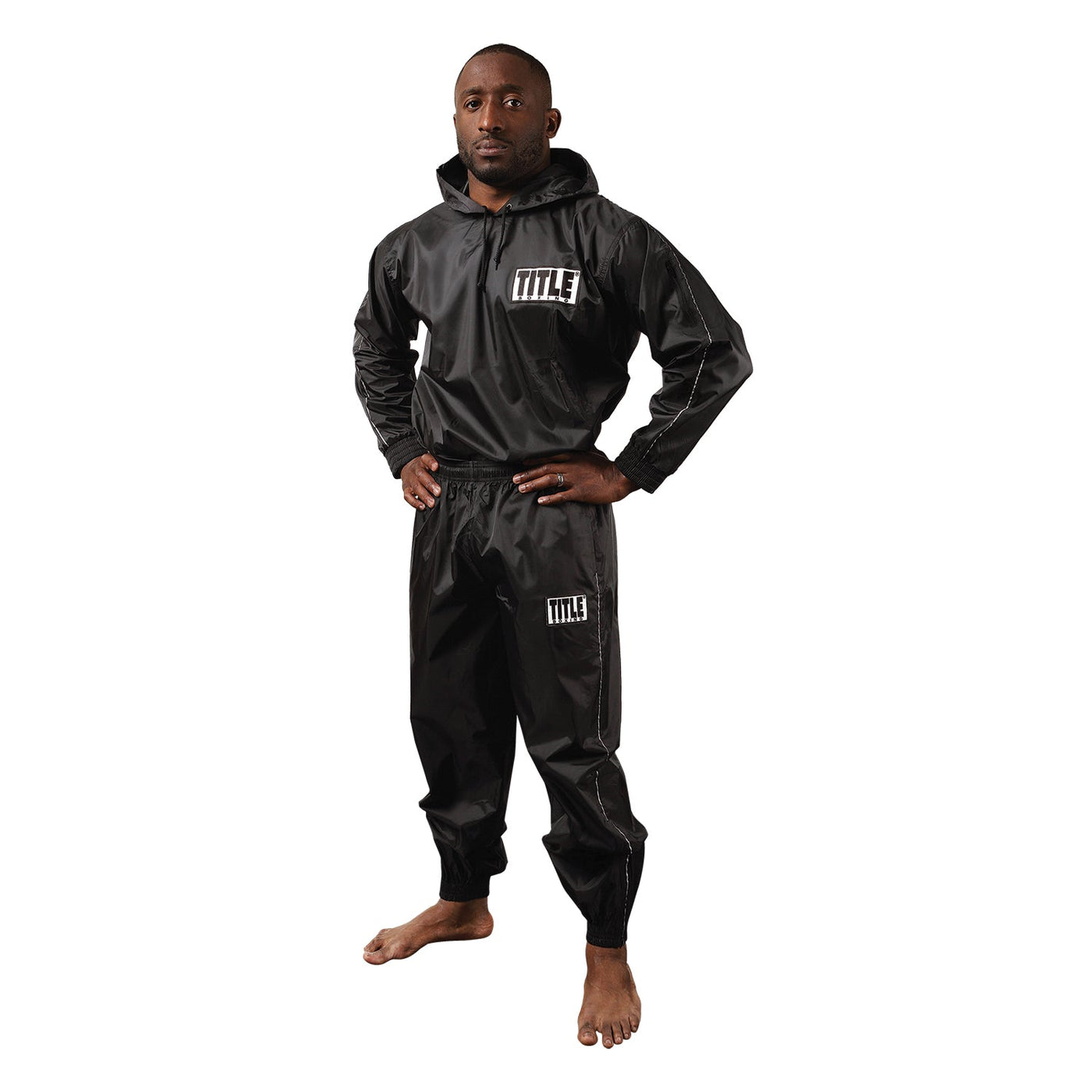 variant:lifestyle::TITLE Boxing Sauna Suit With Hood guy posing wearing sauna suit