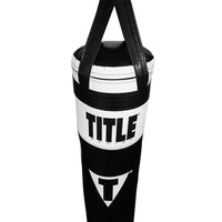 variant:Black/White::TITLE Boxing Made in the USA 135lb Thai Heavy Bag closeup of hanging straps