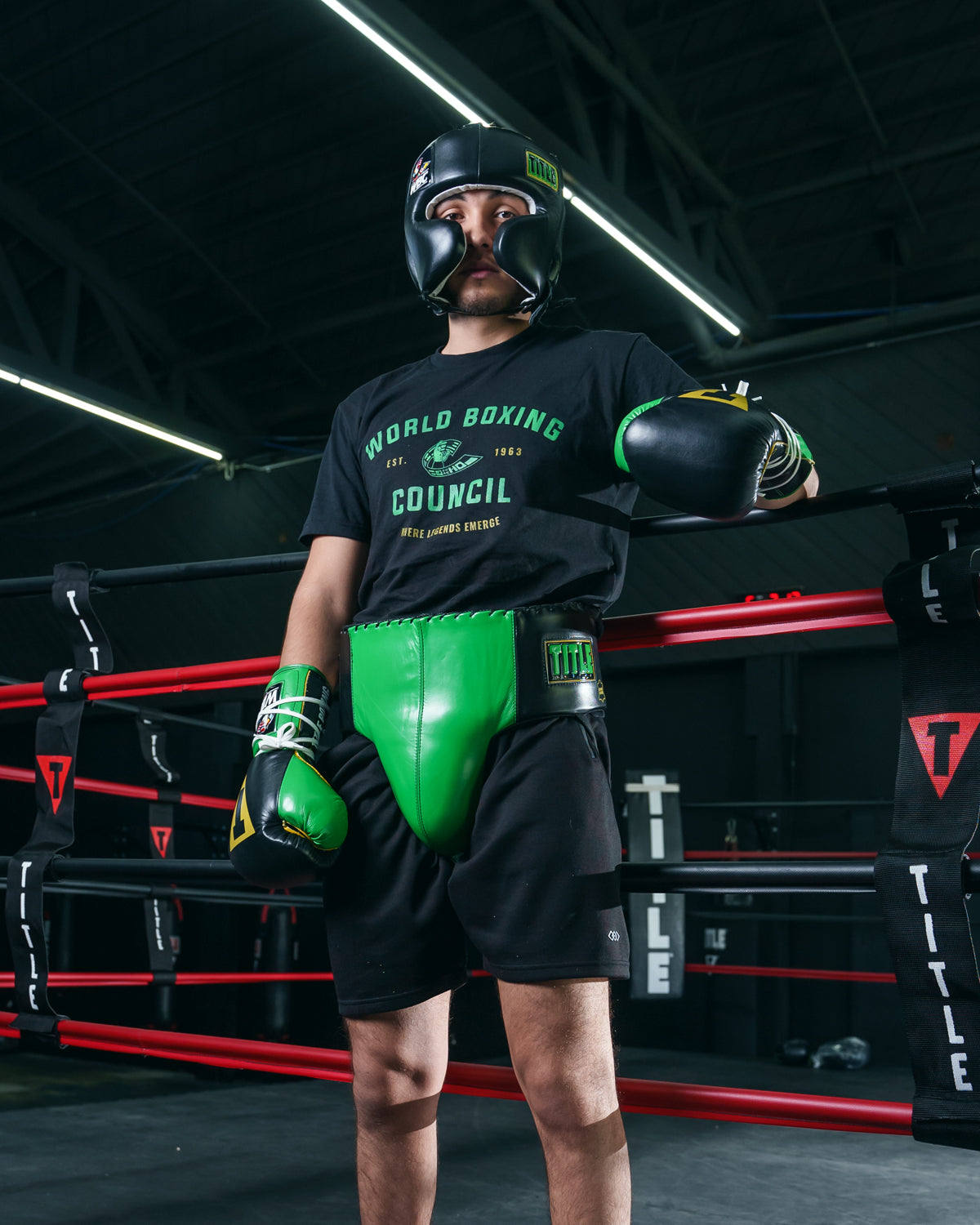variant:lifestyle::WBC by TITLE Boxing Groin Protector guy posing in GP