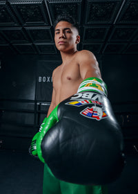 variant:black/green::WBC by TITLE Boxing Pro Fight Leather Gloves left hand down towards camera