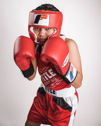 variant:Red::Fighting USA Boxing Competition Headgear with Cheeks girl posing in headgear
