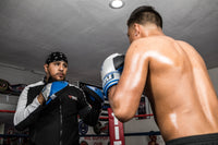 variant:lifestyle::TITLE Platinum Perilous Micro Palm Mitts two guys boxing training with mitts and gloves