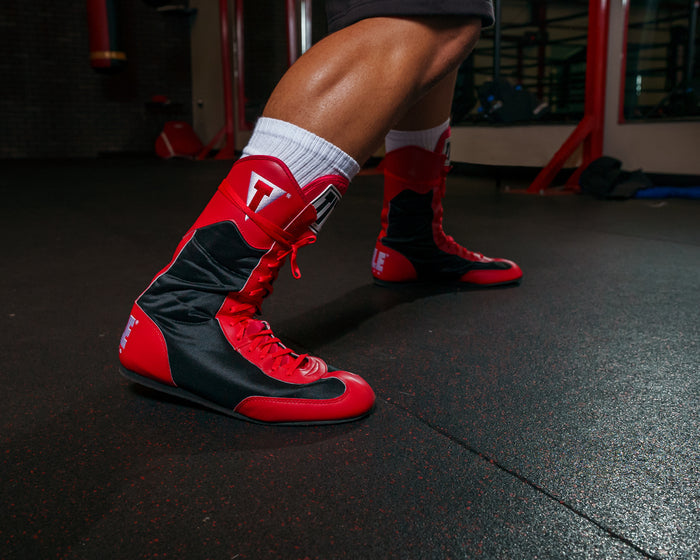 variant:Red/Black::TITLE Boxing Speed-Flex Encore High-Top Shoes close up of shoes