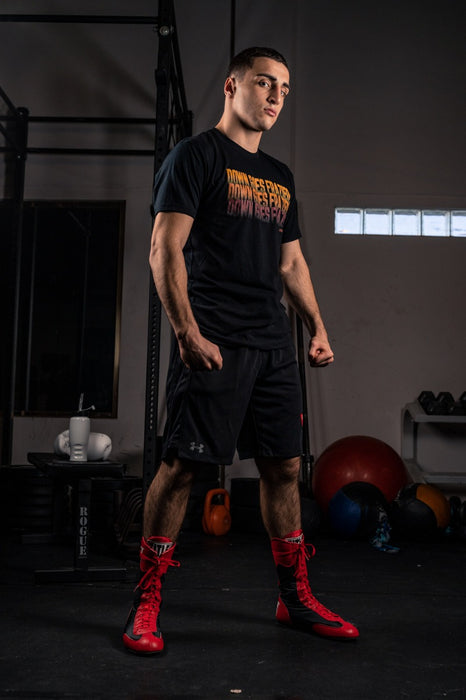 variant:Red/Black::TITLE Boxing Speed-Flex Encore High-Top Shoes man posing in shoes